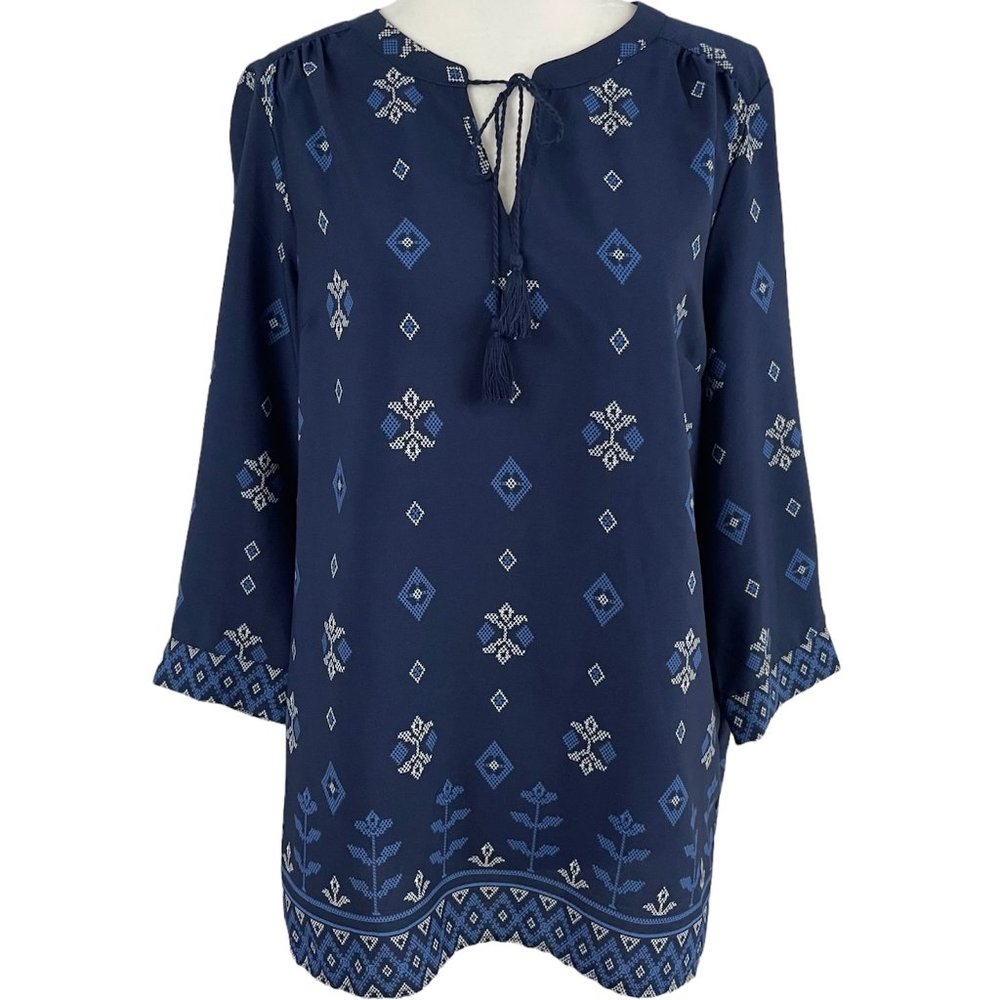New Fleur Bleue 3/4 Sleeve Tassel Tie Printed Peasant Top Navy Blue Size Small